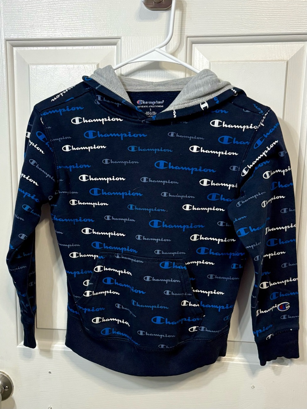 Champion Navy All-Over Logo Crewneck Hoodie with Gray Lined Hood